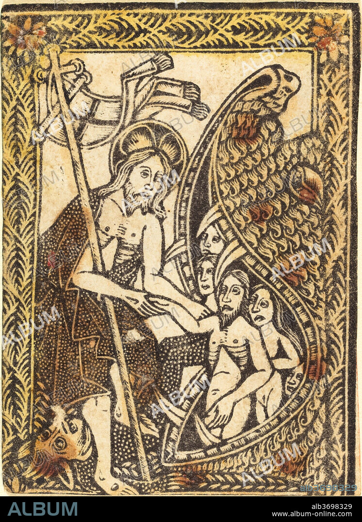 WORKSHOP OF MASTER OF THE BORDERS WITH THE FOUR FATHERS OF THE CHURCH. Christ's Descent in Limbo. Dated: 1460/1480. Medium: metalcut, hand-colored in yellow, red-brown lake, and green.