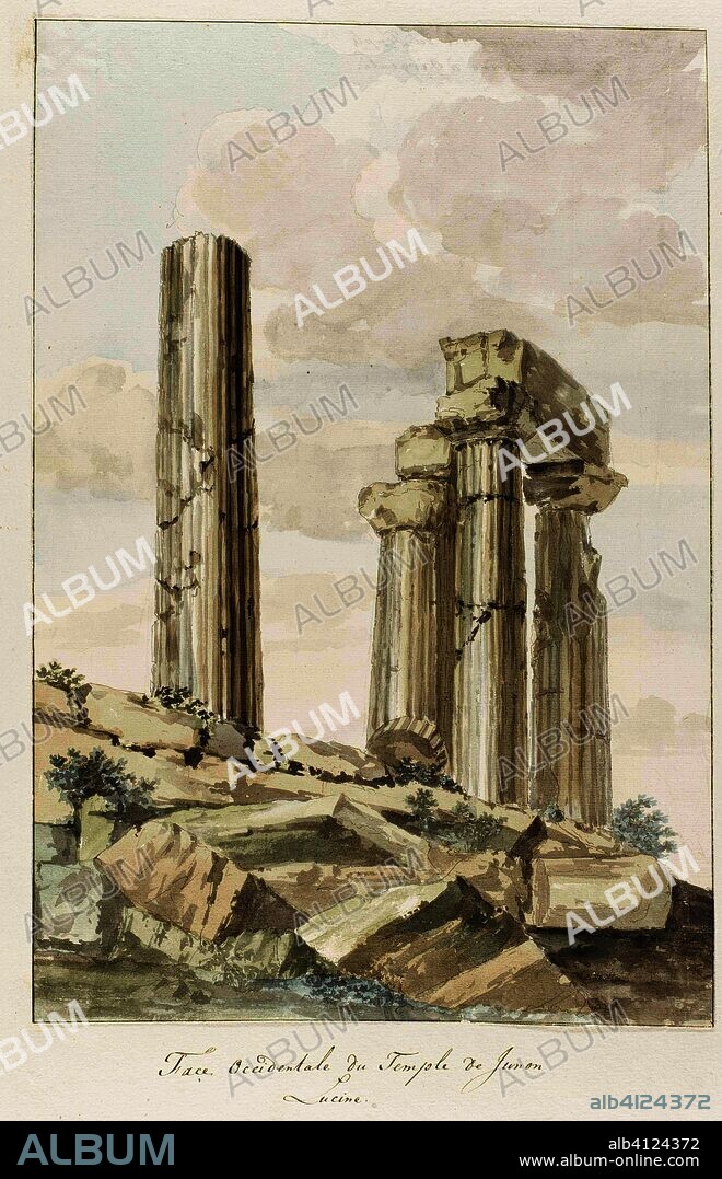 Westgevel van tempel van Juno Lucina. Face Occidentale du Temple de Junon Lucine (title on object). Voyage en Italie, en Sicile et à Malte - 1778 (series title). Draughtsman: Louis Ducros. Dating: 1778. Measurements: h 352 mm × w 240 mm.