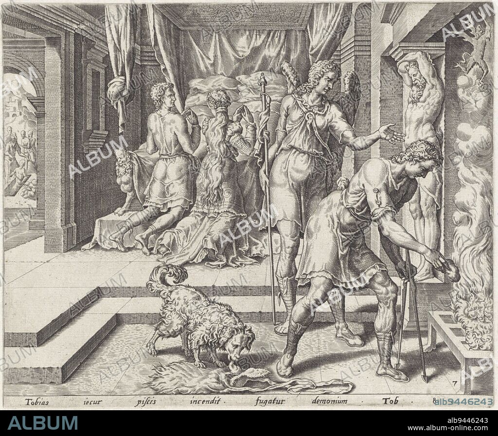 Tobias throws the guts of the fish into the fire to drive the demon out of Sarah. Behind him, the archangel Raphael looks on. In the background, Tobias and Sara pray at the beginning of their wedding night. In the back left, a man led by Raguel digs a grave intended for Tobias. Below in the margin, a one-line caption in Latin from Tobit 8. Tobias throws the fish's guts into the fire Story of Tobias , print maker: anonymous, print maker: Cornelis Cort, (attributed to), Maarten van Heemskerck, print maker: Low Countries, publisher: Antwerp, publisher: Antwerp, 1556 - 1633, paper, engraving, h 200 mm × w 244 mm.