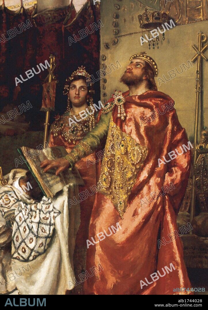 RECAREDO. Rey visigodo (586-601). "LA CONVERSION DE RECAREDO". Oleo sobre lienzo de Antonio MUÑOZ DEGRAIN realizado en el año 1888. Representación del rey visigodo que junto a su esposa la REINA BABBO, ante San Leandro abdica del arrianismo y se convierte al catolicismo (587). Palacio del Senado. Madrid. España.