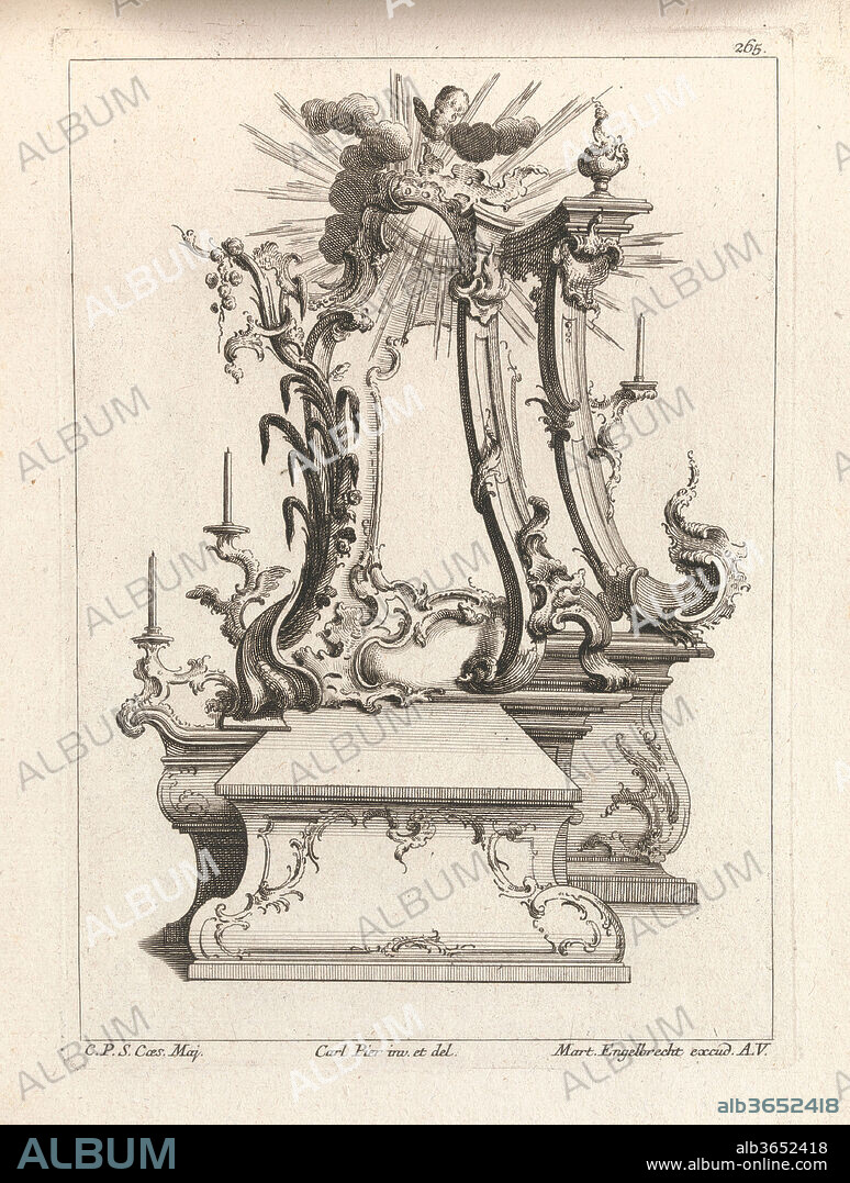Design for an Altar, Plate 2 from an Untitled Series of Designs for Altars. Artist: After Carl Pier (German, active Augsburg, ca. 1750). Dimensions: Overall: 8 7/16 × 13 3/4 in. (21.5 × 35 cm). Engraver: Jacob Gottlieb Thelot (German, Augsburg 1708-1760 Augsburg). Publisher: Martin Engelbrecht (German, Augsburg 1684-1756 Augsburg). Date: Printed ca. 1750-56.
Ornament print with a design for a double altar in frontal elevation. The design appears to show two variants, with a single altar table on the left side and a double structure on the right. The left side is shaped more naturalistically and shows two candelabras, while the right side is more architectonic in its structure.This print is bound in an album containing 27 series with a total of 122 ornament prints from the fund of the prominent Augsburg publisher Martin Engelbrecht.