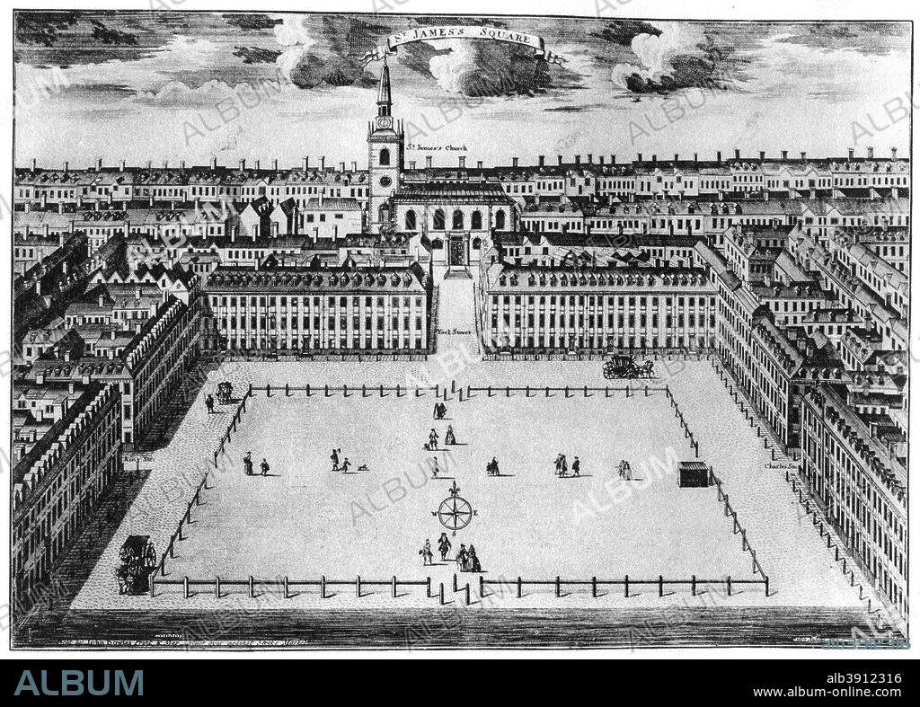 St James's Square, London, 18th century (1907). View of the square showing St James's Church, built by Sir Christopher Wren, in the background. A print from The History of the Squares of London Topographical and Historical by E Beresford Chancellor, Kegan Paul, Trench, Trubner and Co Ltd, London, 1907.