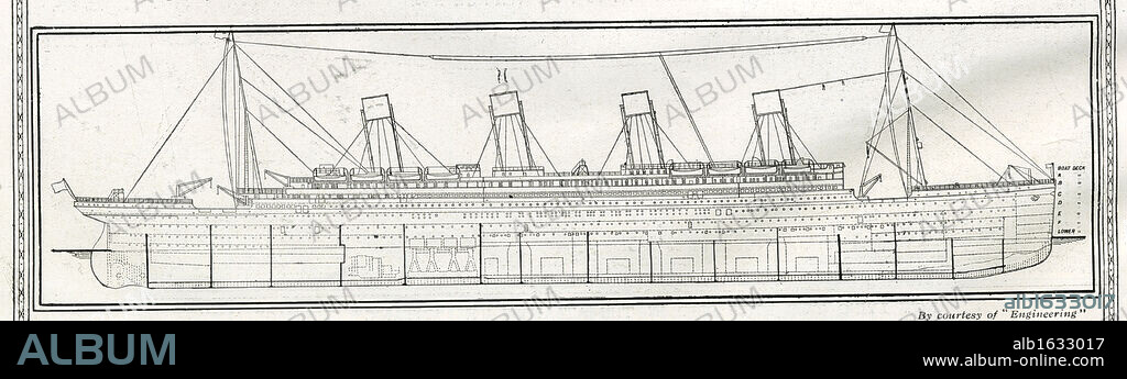 Titanic side view. Illustration to show how the Titanic was divided into sixteen transverse compartments. Titanic's sixteen bulkheads extended from the double bottom to the middle deck, and at its highest pint, to the upper and saloon decks. There were as few doors as possible, all operated upon the new system installed by Harland and Wolff. Titanic was built by Harland & Wolff in Belfast Ireland during 1910 - 1911, and sank on 15th April, 1912, after striking an iceberg off the coast of New Foundland during her maiden voyage from Southampton, England to New York, USA, with the loss of 1,522 passengers and crew. (Photo by Titanic Images/Universal Images Group).