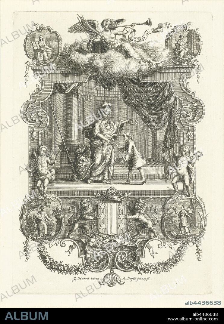 Allegorical representation with Minerva and boy in cartouche with virtues, Allegorical representation with Minerva and boy, the goddess offers the child a coin a laurel wreath in the sky. In Cartouche crowned with Faam, small cartouches with virtues on four corners. Under a coat of arms, held by two lions, with the motto Per aspera ad astra., (Story of) Minerva (Pallas, Athena), the Four Cardinal Virtues, Abraham Delfos (mentioned on object), Leiden, 1758, paper, engraving, h 238 mm × w 168 mm.
