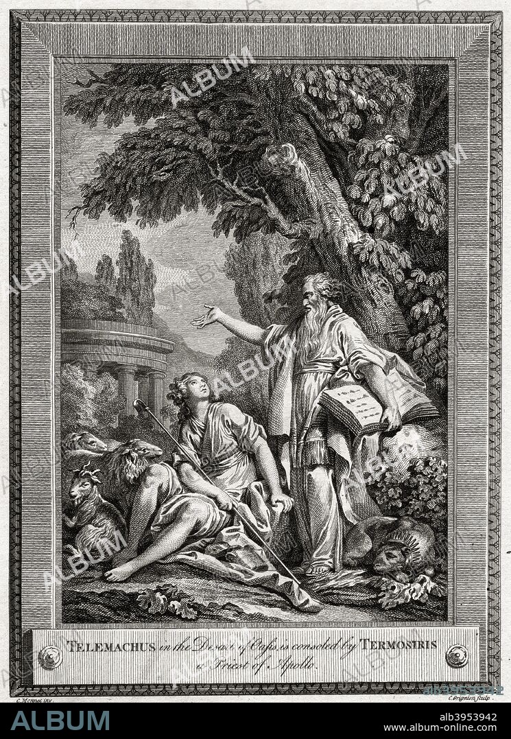 'Telemachus, in the Desert of Oasis, is consoled by Termosiris a Priest of Apollo', 1774. A plate from The Copper-Plate Magazine or A Monthly Treasure, London, 1774.