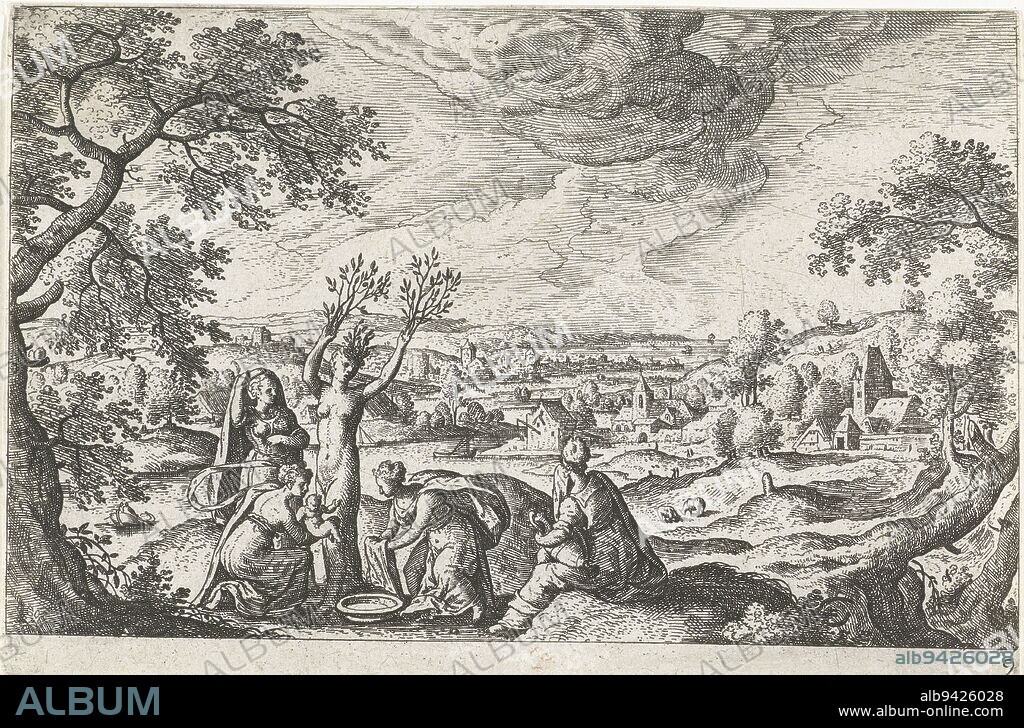 Myrrha, transformed into a myrrh tree, gives birth to her son Adonis. Adonis is the child of Myrrha and her father Theias. A group of water nymphs care for the newborn child., Birth of Adonis Landscapes with mythological and biblical scenes (series title), Hans Bol, print maker: Philips Galle, (rejected attribution), print maker: anonymous, Southern Netherlands, c. 1550 - c. 1650, paper, etching, h 125 mm × w 185 mm.