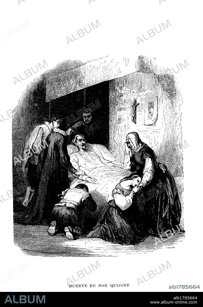 Escena de la novela EL INGENIOSO HIDALGO DON QUIJOTE DE LA MANCHA, de Miguel de Cervantes Saavedra. Dibujo de Ribera. Muerte de Don Quijote.