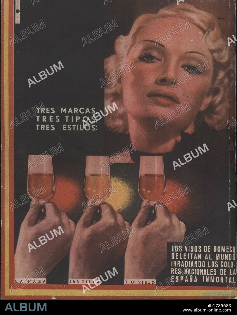 Anuncio publicitario de vinos de Domecq. Publicado en la revista Vértice nº 4, 1937.