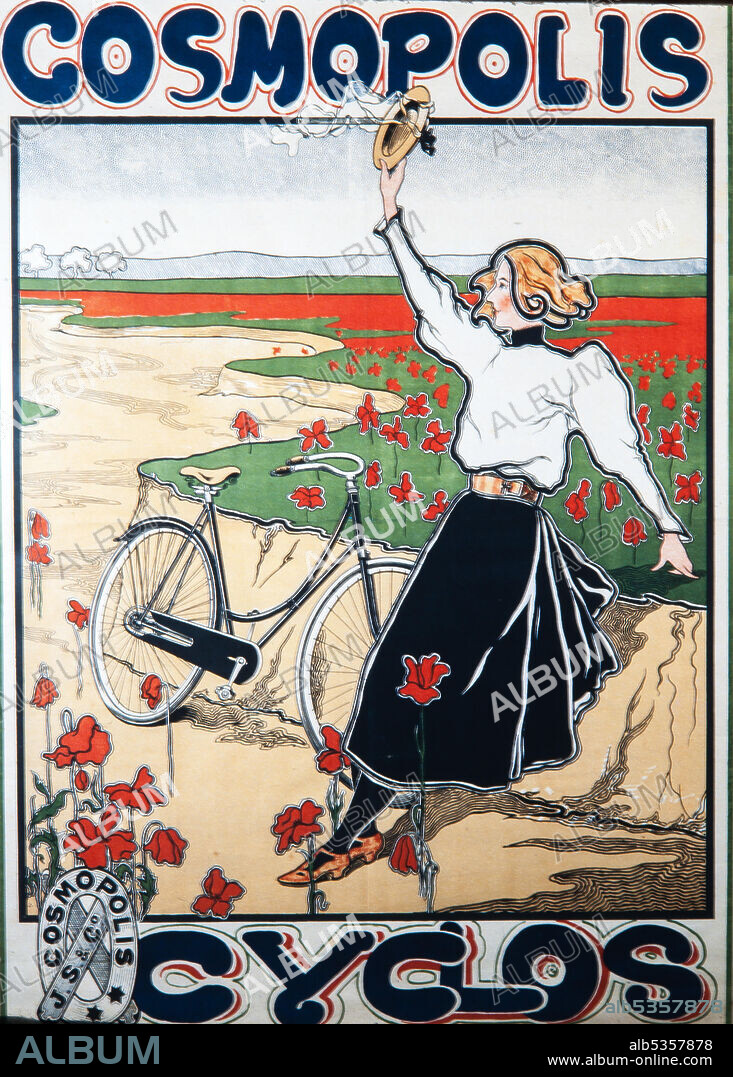 ADRIA GUAL QUERALT. CARTEL MODERNISTA. ANUNCIO DE BICICLETAS, COSMOPOLIS CYCLOS. COLECCIÓN PRIVADA.