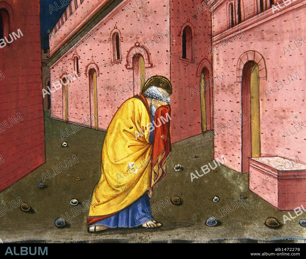 "PEDRO NIEGA CONOCER A JESUS POR TERCERA VEZ. DESPUES, RECUERDA QUE JESUS YA LE HABIA DICHO QUE ANTES DEL CANTO DEL GALLO YA HABRIA RENEGADO DE EL TRES VECES". Página miniada del CODICE DE PREDIS (1476). Renacimiento-Quattrocento (s. XV). Biblioteca Real. Turín. Italia.