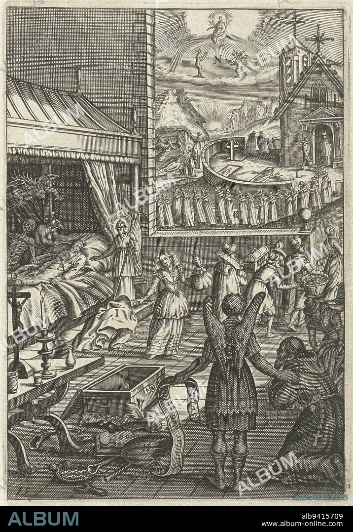 An angel shows a clergyman a dead man in his bed. Death and the devil are coming to take his soul while his friends and family are deserting him and running away with his riches. With a life of virtue, on the other hand, the man can face death with peace of mind, Emblem with angel showing cleric that after the death of a sinner the devil is coming to take his soul Den wech des eeuwich levens (series title), Boëtius Adamsz. Bolswert, print maker: anonymous, publisher: Hendrik Aertssens (II), Antwerp, 1620 - 1623 and/or 1623, paper, engraving, h 134 mm × w 92 mm.