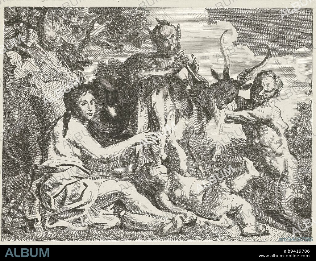 The child Jupiter is fed by the goat Amalthea, George Andries Karsen, after Jacques Jordaens, 1862, In a landscape, a satyr holds the goat Amalthea by one of her horns. The child Jupiter is drinking milk from one of its udders. A second satyr plays a flute., print maker: G.A. Karsen, after: Jacob Jordaens (I), 1862, paper, etching, engraving, h 214 mm × w 264 mm.
