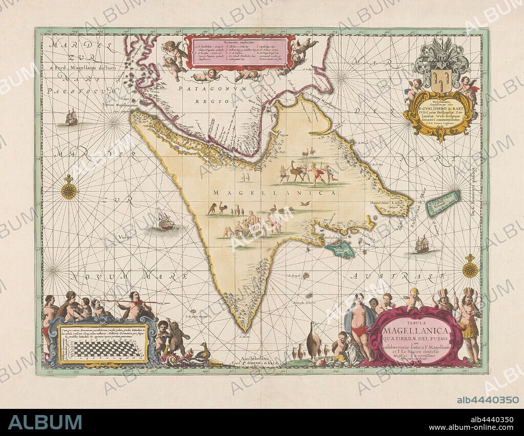 Map of Fire Land, Tabula Magellanica in terms of Tierrae del Fuego (title on object), Map of Fire Land and the Strait of Magellan, bordered in green, areas colored. Two compass roses, ships in the sea, images of hunting and eating people and birds on the land. Bottom left the bowl and bottom right the title cartouche surrounded by inhabitants of Vuurland, penguins and shells. At the top right the order from Johannes Janssonius to Gualtherus de Raet, with coat of arms and helmet, flanked by two putti, maps or separate countries or regions, Vuurland, Magellan Street, Pieter Schenk (I) (mentioned on object), 1680 - 1711, paper, engraving, h 410 mm × w 536 mm.
