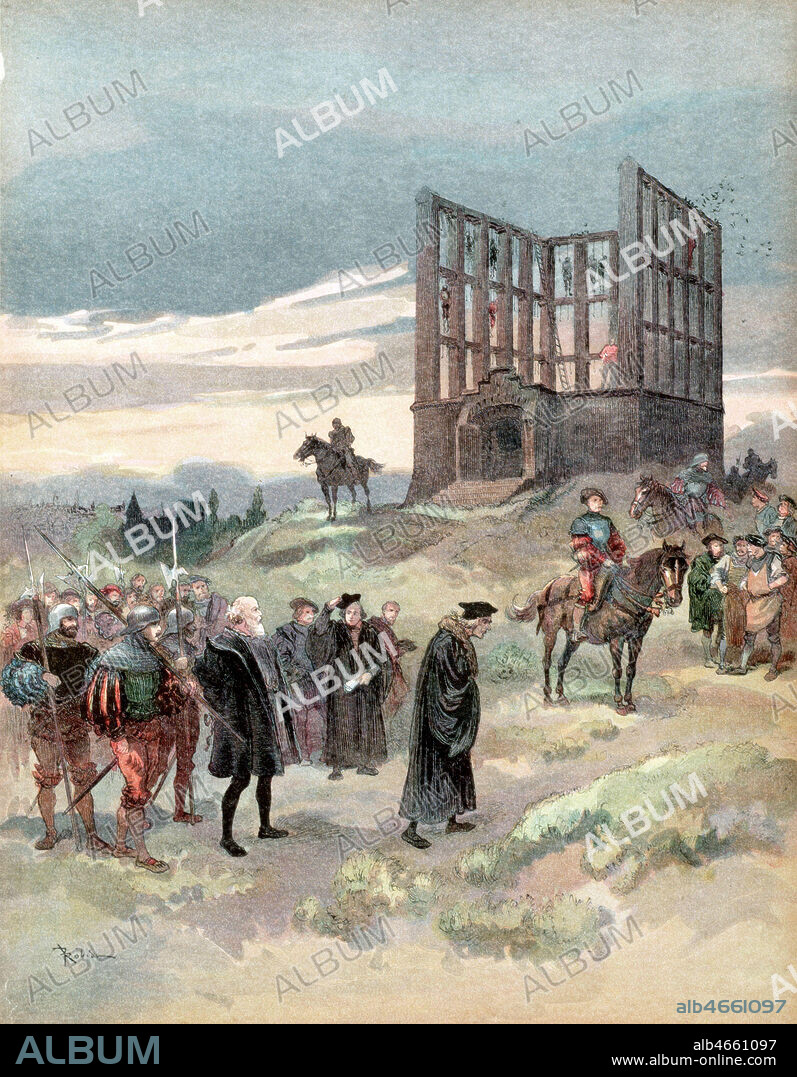 Le surintendant Semblancay condamne a mort, monte au gibet de Montfaucon. Illustration d'Albert ROBIDA (1848-1926) pour l'ouvrage 'Francois 1er' redige par Georges G-TOUDOUZE en 1909. Credit : Collection KHARBINE-TAPABOR.