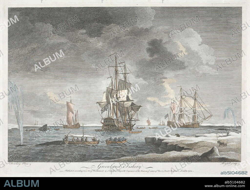 Greenland Fishery, Print made by John Boydell, 17201804, British, after Charles Brooking, 17231759, British, Published by John Boydell, 17201804, British, 1754, Etching and line engraving with hand coloring on moderately thick, moderately textured, cream laid paper, Sheet: 14 5/16 x 20 3/16 inches (36.3 x 51.3 cm), Plate: 11 9/16 x 16 1/2 inches (29.4 x 41.9 cm), and Image: 10 9/16 x 15 7/8 inches (26.9 x 40.4 cm), animals, clouds, cold, fishing, flags, galleons, harbor, hunting, ice, killing, labor, marine art, men, oars, polar bears, rowboats, rowing, sails, sea, seamen, ships, snow, spear, Union Jack, water, whales, whaleships, whaling, Greenland, North and Central America.