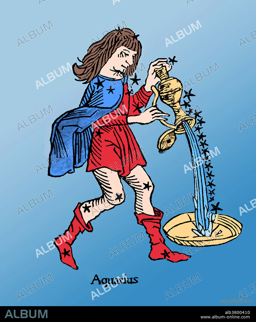 Colorized drawing of the water carrier Ganymede of the Aquarius constellation. This is one of the 48 constellations described by the 2nd century astronomer Ptolemy, and remains one of the 88 modern constellations defined by the International Astronomical Union. Aquarius is the eleventh astrological sign in the Zodiac, spanning the 300-330th degree of the zodiac, which, in the Tropical zodiac the Sun transits this area on average between January 21st to February 18th each year.