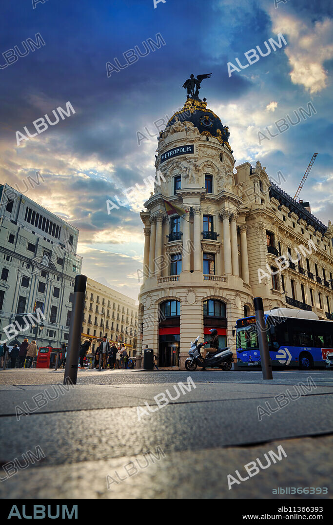 The famous Metropolis Building (Edificio Metropolis) located at Gran Via, Madrid, Spain, Europe.