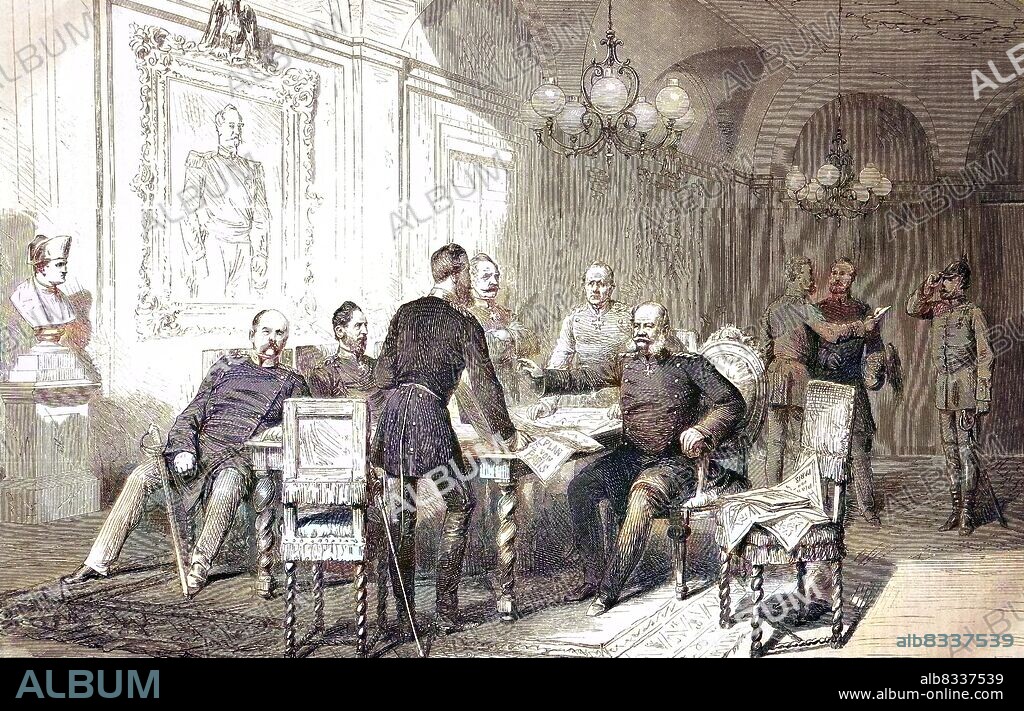 Military Council in the prefecture building at Versailles, on 6 December 1870, from left to right, Bismarck, von Blumenthal, Crown Prince Friedrich Wilhelm, v. Chr. Roon, v. Moltke and King Wilhelm I., France, Franco-German War 1870/71 / Milit§rrat im Pr§fekturgeb§ude in Versailles, am 6. Dezember 1870, von links nach rechts, Bismarck, von Blumenthal, Kronprinz Friedrich Wilhelm, v. Chr. Roon, v. Moltke und Knig Wilhelm I., Frankreich, Deutsch-Franzsischer Krieg 1870/71, historisch, C:CC5historical, digital improved reproduction of an original from the 19th century / digitale Reproduktion einer Originalvorlage aus dem 19. Jahrhundert, Originaldatum nicht bekannt.