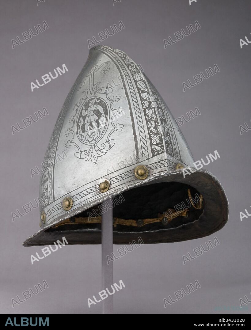 Cabasset, ca. 1570, Italian, Steel, textile, leather, copper alloy, H. 10 3/4 in. (27.3 cm); W. 9 5/8 in. (24.4 cm); D. 13 1/4 in. (33.7 cm); Wt. 3 lb. 6.2 oz. (1536.5 g), Helmets.