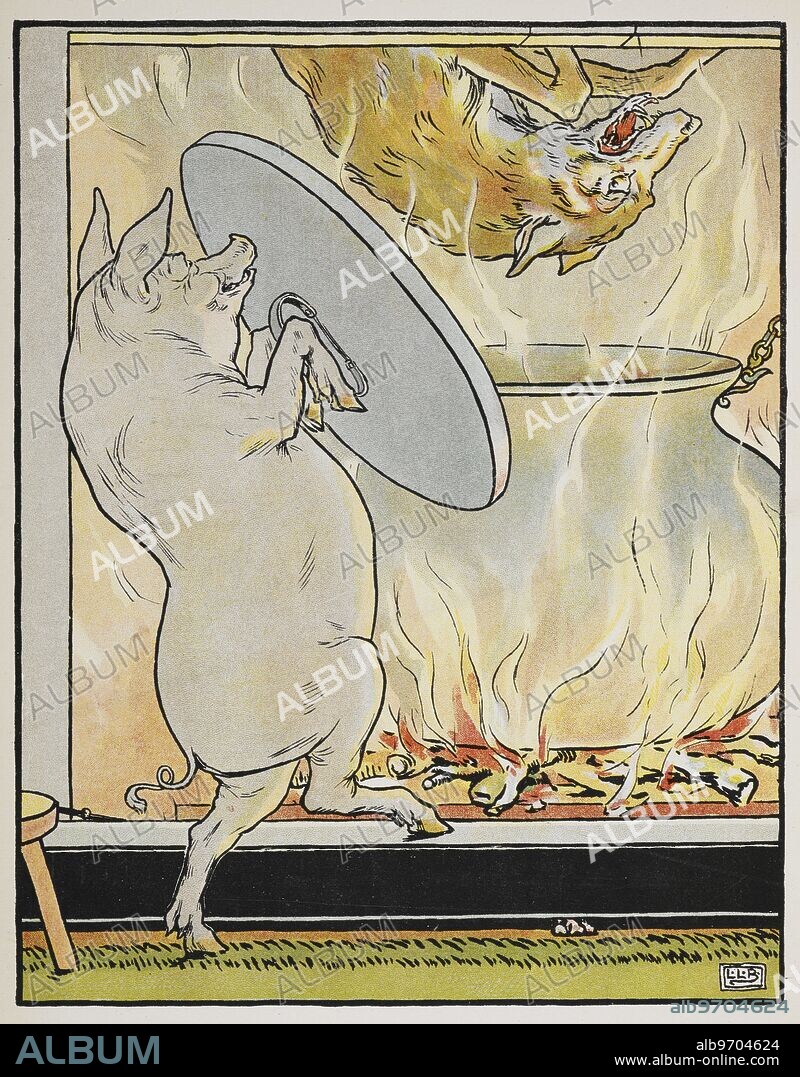 The Big Bad Wolf falls down the chimney into the Little Pig's cooking pot.