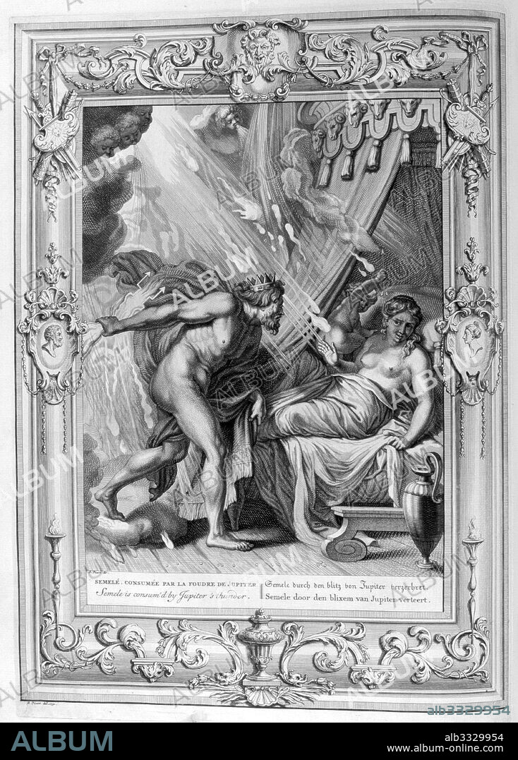 Semele consumed by the fire of Zeus. Engraved illustration from 'The Temple of the Muses', 1733. This book represented remarkable events of antiquity drawn and engraved by Bernard Picart (1673-1733). Semele in Greek mythology, was the daughter of the Boeotian hero Cadmus and Harmonia. She became the mortal mother Dionysus by Zeus.