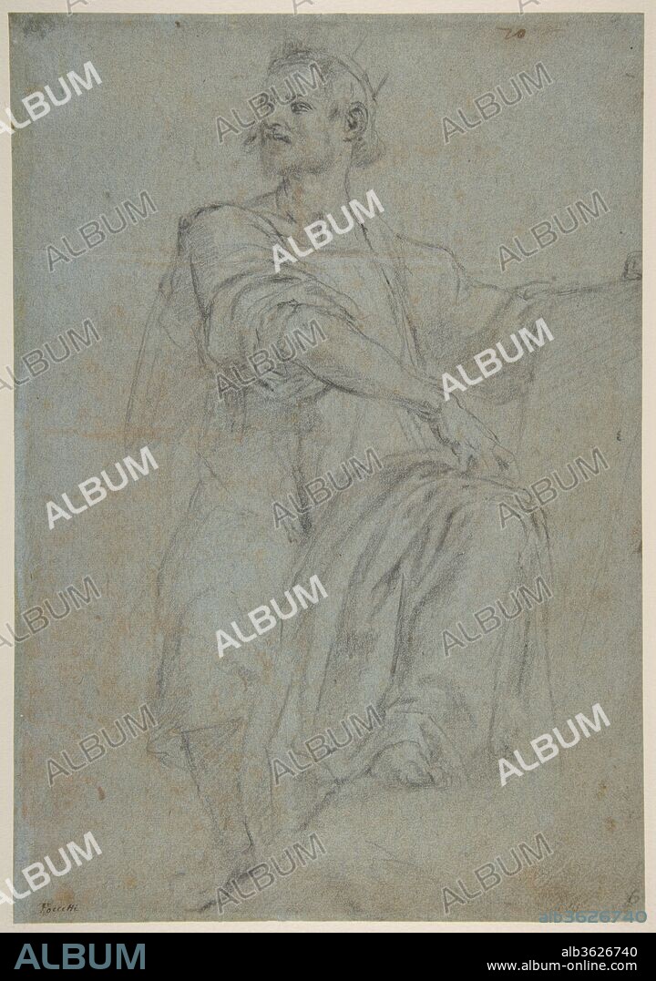 Seated Crowned Male Figure Holding a Book or Scroll (recto); Seated Nude Boy (verso). Artist: Bernardino Poccetti (Italian, San Marino di Valdelsa 1548-1612 Florence). Dimensions: 12-1/8 x 8-7/16 in.  (30.8 x 21.4 cm). Date: 1548-1612.