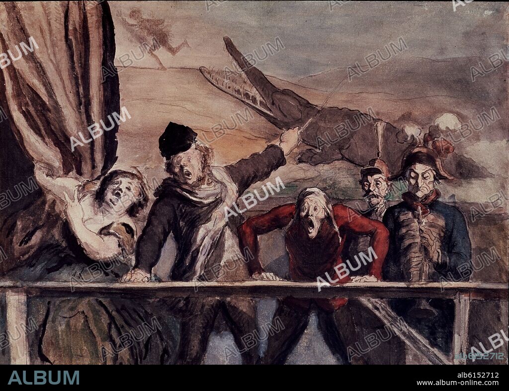 HONORE DAUMIER (1808-1879). ESCENA DE TITIRITEROS - 1879 - LAPIZ Y TRAZAS DE SANGUINA Y DE ACUARELA - 26,6 x 36,7 cm.