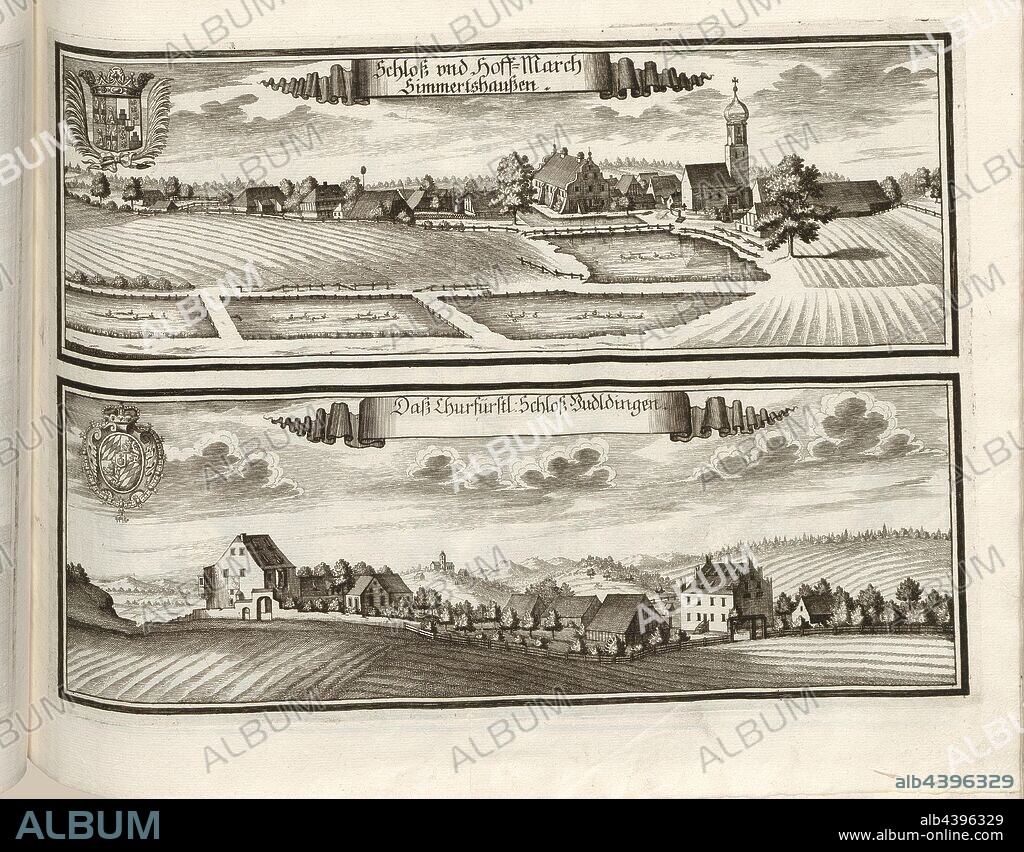 Castle and Hoff-March Simmertshausen and the Churfürstl. Castle Uudldingen, Sigmertshausen Water Castle in Röhrmoos-Sigmertshausen and Udlding Castle in Dachau in Bavaria (Germany), Fig. 98, p. 48, Wening, Michael (del. et sc.), 1701, Michael Wening: Historico-topographica descriptio. Das ist: Beschreibung, dess Churfürsten- und Hertzogthumbs Ober- und Nidern Bayrn, welches in vier Theil oder Rennt-Aembter, als Oberlands München und Burgkhausen, Underlands aber in Landshuet unnd Straubing abgetheilt ist [...]. Thail 1. München: bey Johann Lucas Straub, gem: lobl. Landtschafft Buchtruckern, anno M.DCCI. [1701].