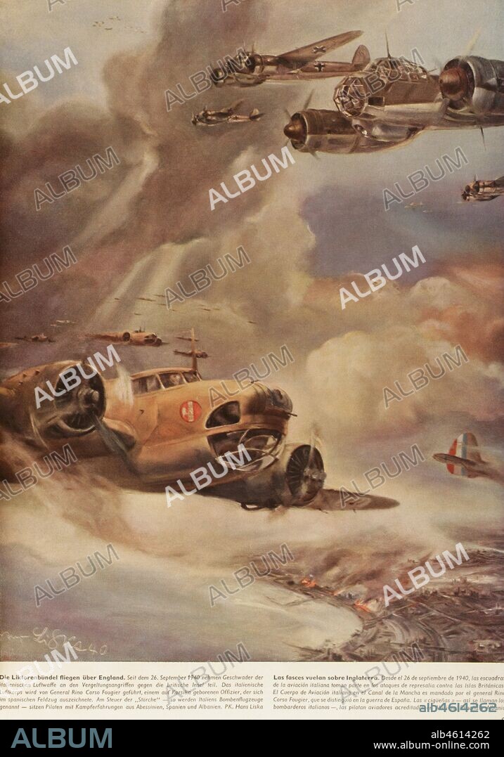 "Las fasces vuelan sobre Inglaterra, desde el 26 de septiembre de 1940, las escuadras de la aviación italiana toman parte en los ataques de represalia contra las islas británicas. El cuerpo de aviación italiano en el Canal de La Mancha es mandado por el general Rino Corso Fougier, que se distinguió en la guerra de España. Las "cigüeñas"-así se llaman los bombarderos italianos-, las pilotan aviadores acreditados en Abisinia, España y Albania". Pie de foto textual en una página interior de la revista "Signal", ejemplar número 1 (enero de 1941) de la versión española (SP 1). Esta revista se publicó entre abril de 1940 y abril de 1945, siendo el principal órgano de propaganda del ejército alemán durante la Segunda Guerra Mundial. A partir del número 8 de 1941 se publicó una versión íntegra en español, identificada con el código SP.