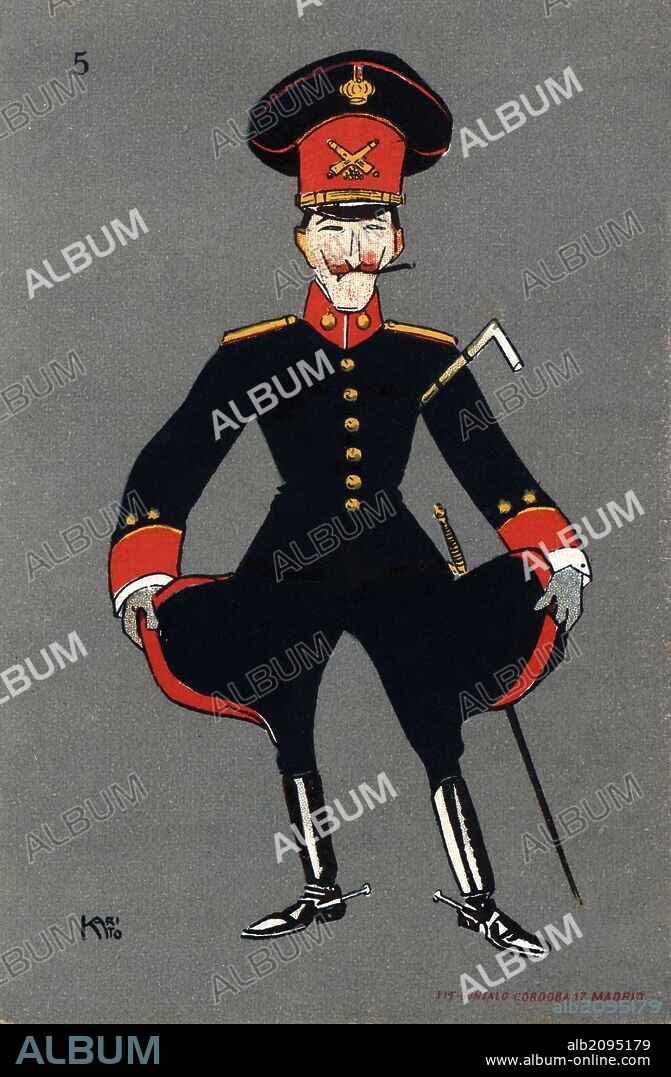 CESáREO "KARIKATO" DEL VILLAR BESADA. Tarjeta postal. Figurines militares, dibujo humorístico de Karikato. Nº 5. Artillería, 1905.