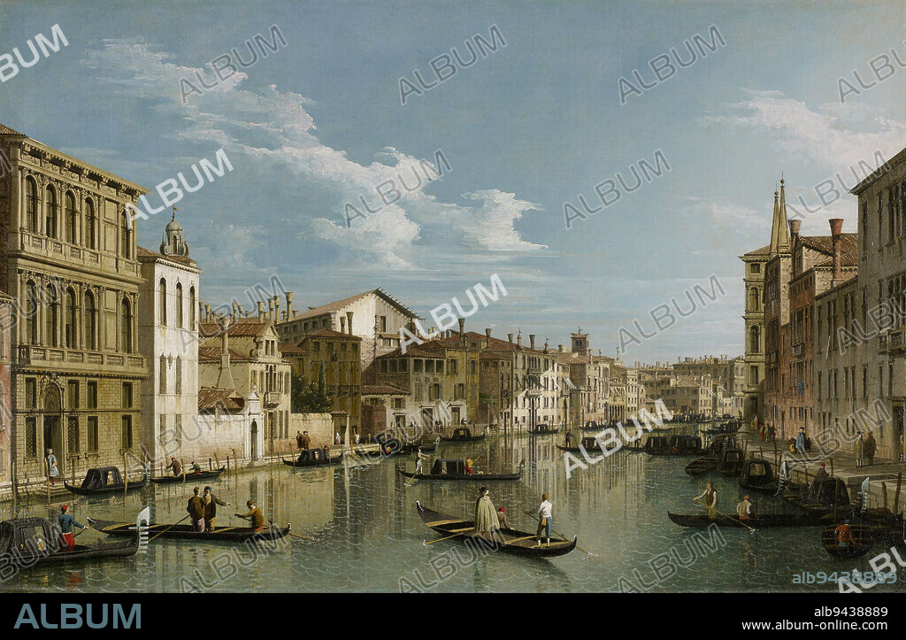 The Grand Canal in Venice from Palazzo Flangini to Campo San Marcuola, c. 1740, Canaletto (Giovanni Antonio Canal), Italian, (Venice), 16971768, 24 1/8 x 36 3/8 in. (61.28 x 92.39 cm) (canvas)32 × 44 1/2 × 2 1/8 in. (81.28 × 113.03 × 5.4 cm) (outer frame), Oil on canvas, Italy, 18th century, Canalettos hometown of Venice was his lifelong muse. He made at least three versions of this view of the Grand Canal. Fastidiously recording every window, door, and chimney along the thoroughfare, Canaletto captured the special qualities of this miraculous city on waterthe stately architecture, the shimmering light, and, in the scattered figures and gondolas, the routine of daily life. The near photographic precision of his paintings made them especially popular with tourists, who bought them as mementos of their travels to Italy. Today, you can see this vista (approximately) from the train station.