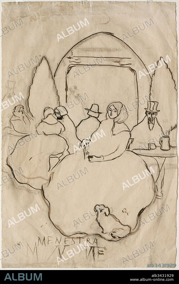 Pablo Picasso / "Estudio para el menú de Quatre Gats", 1899-1900, Dibujo (Tinta sepia a pluma y carboncillo sobre papel), 46,7 x 30,7 cm, MPB 110.802.