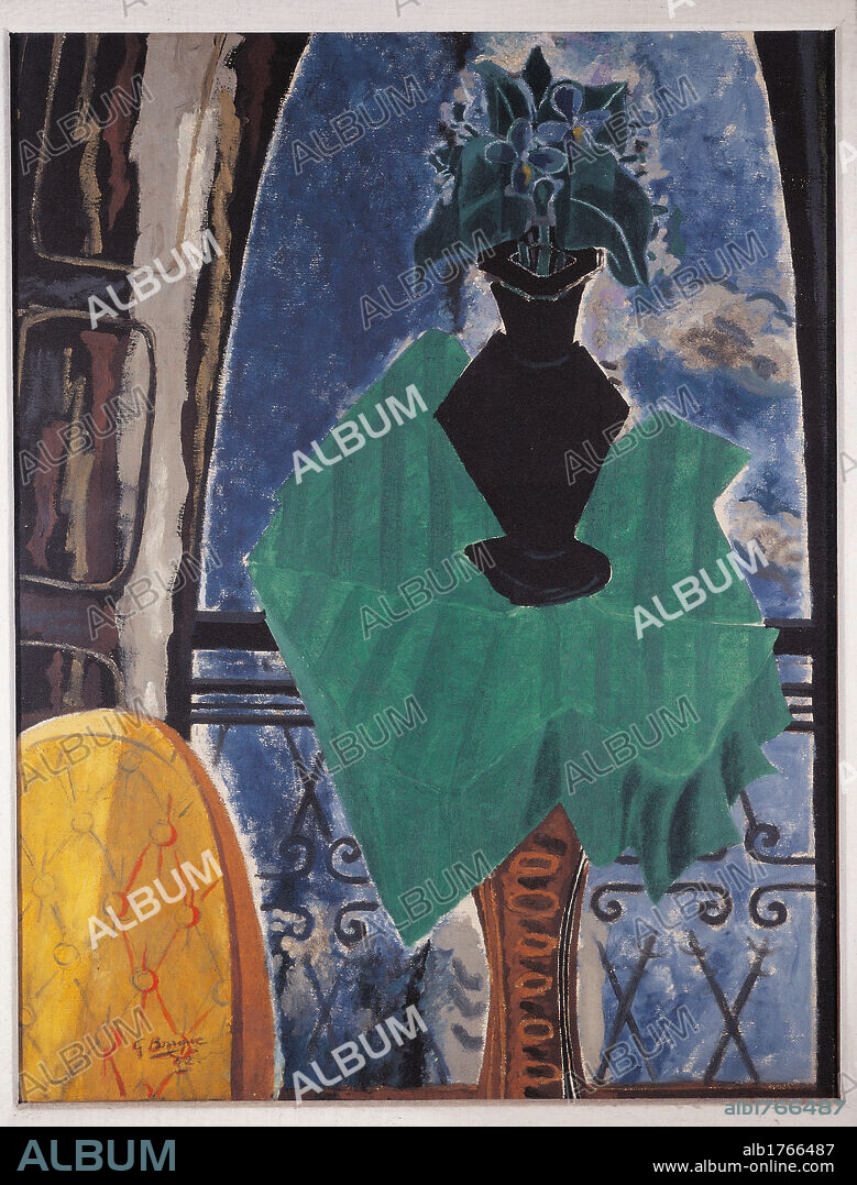 Le gueridon vert devant la fenetre, by Georges Braque, 1942, 20th Century, oil on canvas, cm 116 x 89. Italy, Lombardy, Milan, Brera Art Gallery, Emilio and Maria Jesi Donation. All. Table table cloth vase flowers yellow green blue sky window banister railing. Authorization required for non editorial use.  Please remember that author's rights have to be cleared for modern and contemporary works of arts.