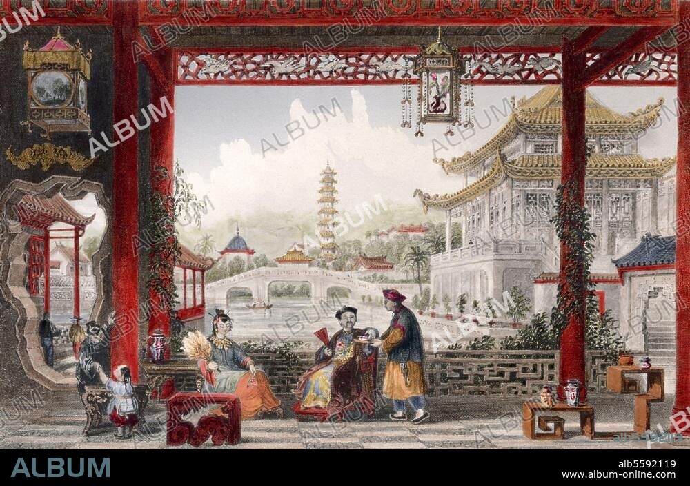 Ethnology / China. "Pavilion and Gardens of a Mandarin near Peking". Steel engraving Arthur Willmore (1814-1888) after Thomas Allom (1804-1872). coloured at a later date. From: G.N.Wright, China, vol. 2, London. (Fisher, Son & Co.) 1843, before pg. 13.
