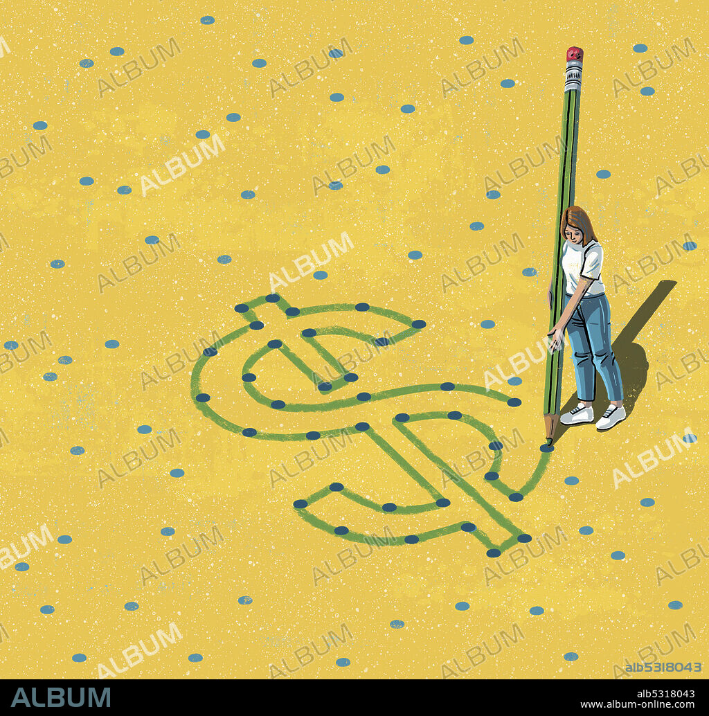 Woman connecting dots to draw dollar sign.