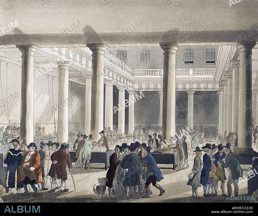 Court of Common Pleas, Westminster Hall. Circa 1808. After a work by August Pugin and Thomas Rowlandson in the Microcosm of London, published in three volumes between 1808 and 1810 by Rudolph Ackermann. Pugin was the artist responsible for the architectural elements in the Microcosm pictures; Thomas Rowlandson was hired to add the lively human figures.