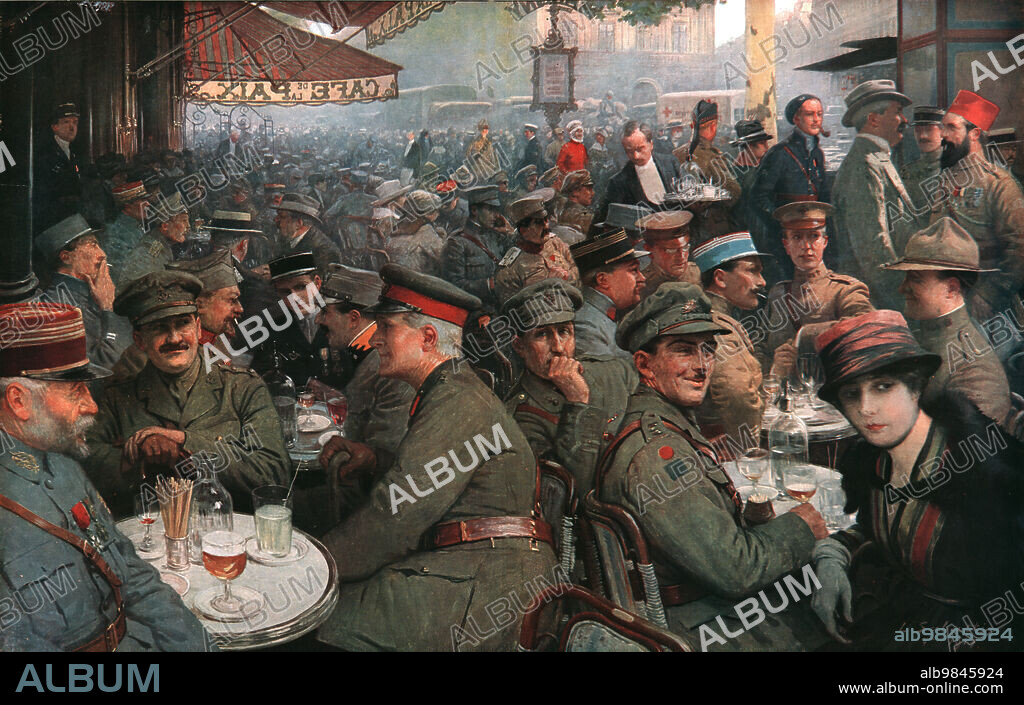 LOUIS REMY SABATTIER. 'Cafe de la Paix  During the War', 1917. From "L'Album de la Guerre 1914-1919, Volume 2" [L'Illustration, Paris, 1924].