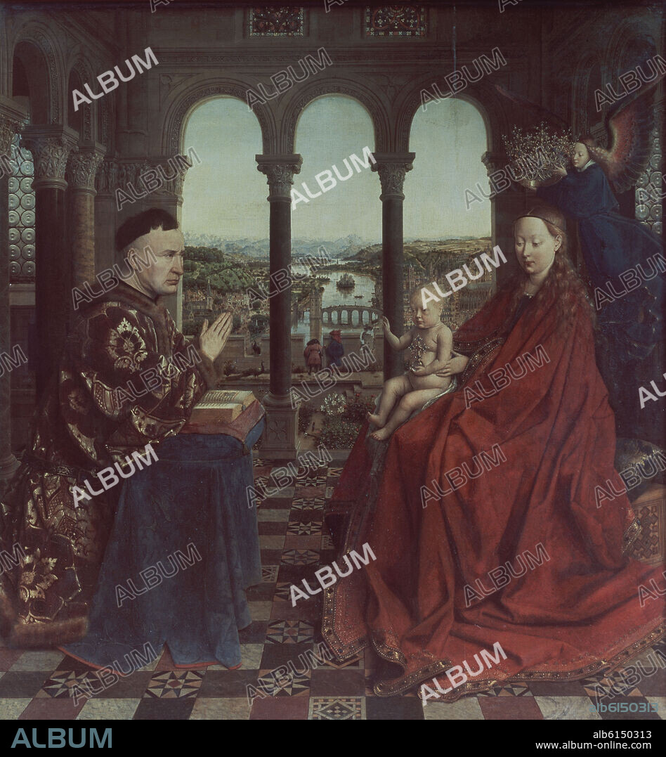 JAN VAN EYCK (1385-1441). LA VIRGEN DEL CANCILLER ROLIN - 1435 - APARECE EL CANCILLER  DE BORGOÑA DON NICOLAS ROLIN ORANDO - GOTICO FLAMENCO - O/T - 66x62.