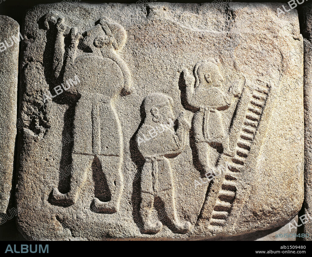 Hittite civilization, 14th-13th century b.C. Relief portraying warriors mounting an assault on a stringhold. From Alaca Hoyuk, Turkey.