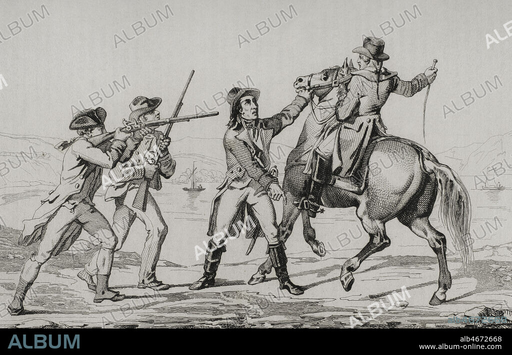 John André (1750-1780). Oficial del ejército británico. Estados Unidos. Captura de John André en Tarrytown, en 1780, mientras regresaba a Nueva York tras la rendición en el fuerte de West Point. Tras encontrársele documentos sospechosos se le acusó de espionaje y condenado a la horca. Grabado por Lemaitre, Vernier y Lebas. Panorama Universal. Historia de los Estados Unidos de América, por Roux de Rochelle. Edición española, impresa en Barcelona,1850.