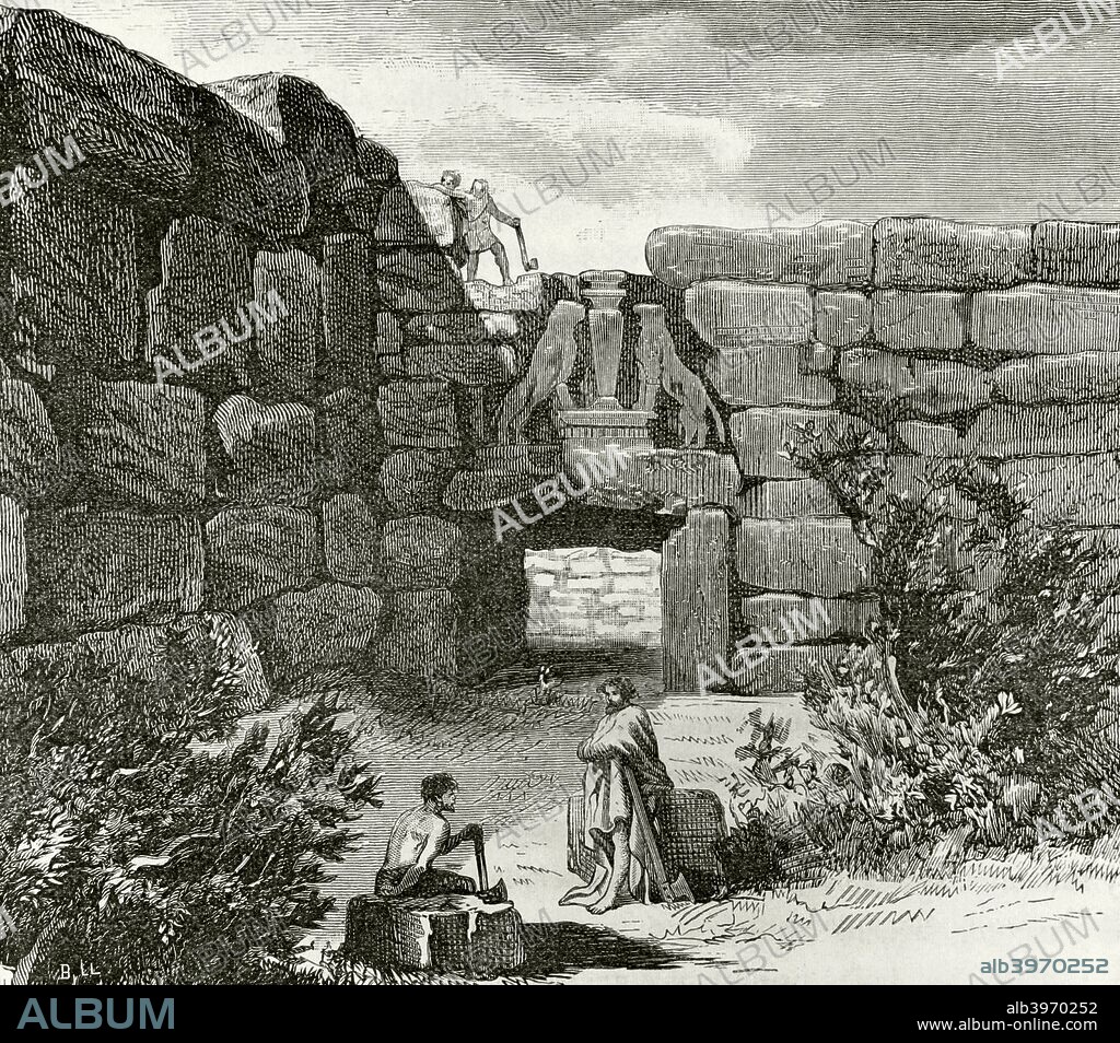 Greece. Mycenaean civilization. Bronze Age. 1600-1100 BC. Helladic period. Mycenae citadel. The Lion Gate. Engraving of La Civilizacion (The Civilization), volume I, 1881.