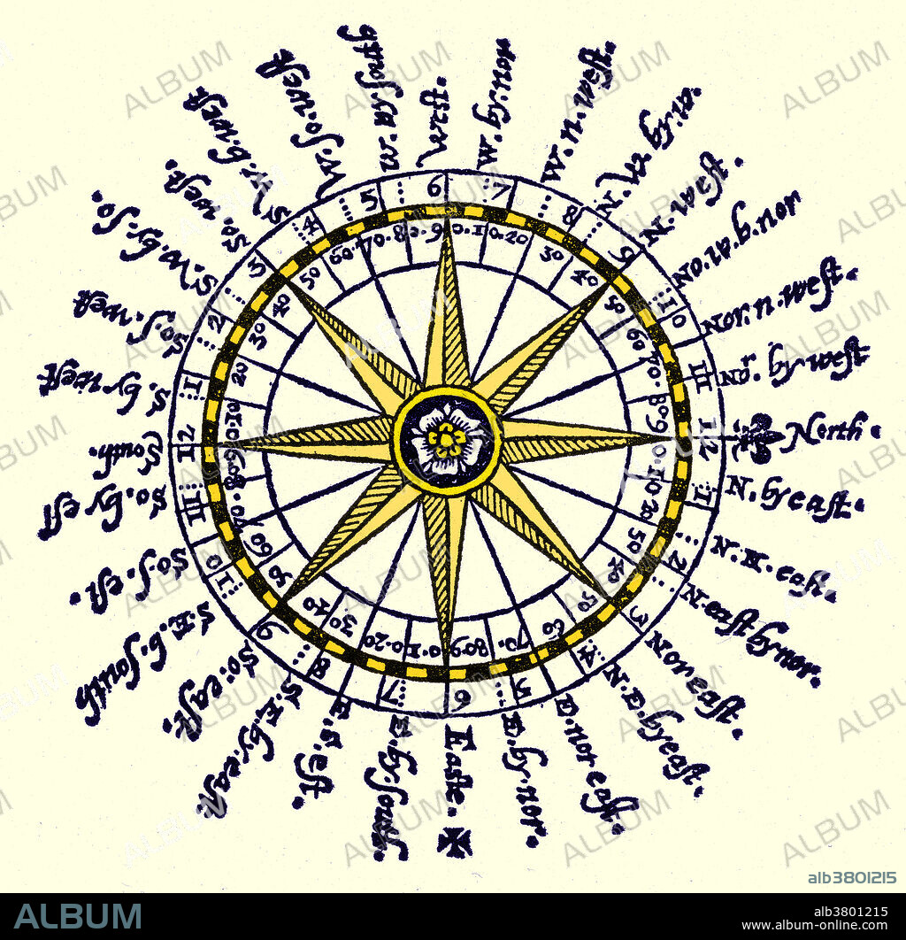 The compass rose is an old design element found on compasses, maps and even monuments to show cardinal directions and frequently intermediate direction. The rose term arises from the fairly ornate figures used with early compasses. Older sources sometimes use the term compass star, or stella maris (star of the sea), to refer to the compass rose. In the Middle Ages, the names of the winds were commonly known throughout the Mediterranean countries as tramontana (N), greco (NE), levante (E), siroco (SE), ostro (S), libeccio (SW), ponente (W) and maestro (NW). The compass rose has appeared on charts and maps since the 1300's when the portolan charts first made their appearance. It is designed in a circle divided into 32 points or 360 degrees numbered clockwise from true or magnetic north, printed on a chart or the like as a means of determining the course of a vessel or aircraft. Appeared in The Seaman's Secrets byThomas Dawson, 1607.
