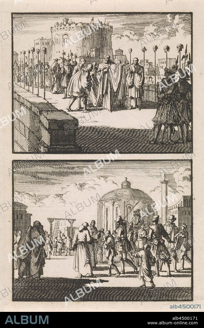 Pope Sixtus V visits the Angel Castle in Rome / A 16-year-old boy is taken to the gallows, Two representations of one plate, fortress, violent death by hanging, Angel Castle, Sixtus V, Jan Luyken, Amsterdam, 1697, paper, etching, h 142 mm × w 94 mm.