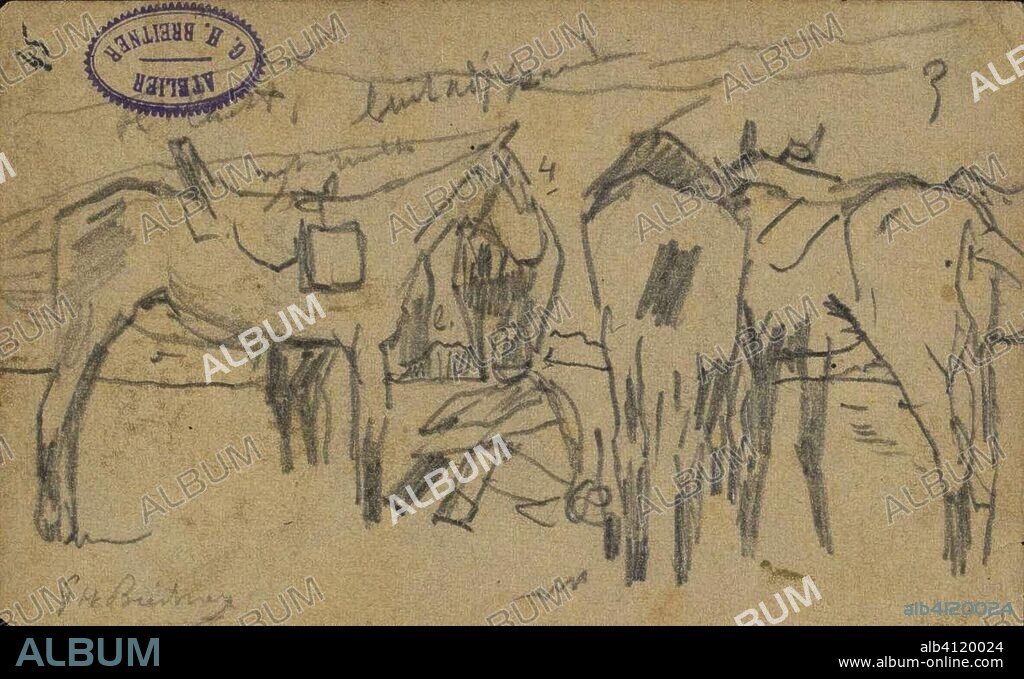 Resting soldier between horses. Draughtsman: George Hendrik Breitner (signed by artist). Dating: c. 1882 - c. 1912 and/or 1887 - 1891. Place: Gelderland. Measurements: h 78 mm × w 128 mm.
