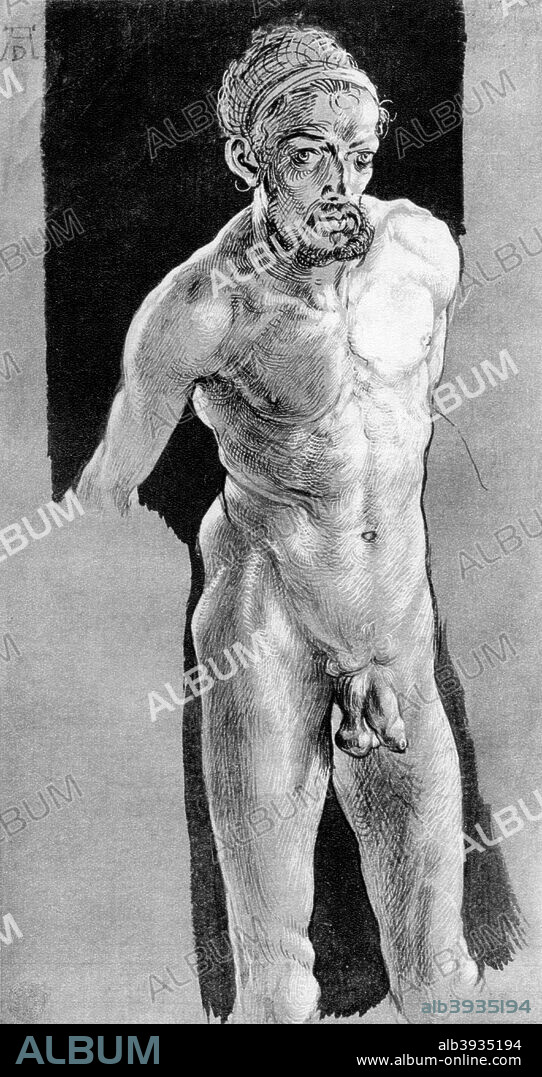 'Self Portrait in the Nude', c1507, (1936). Found in the collection of the Staatliche Kunstsammlung. A print from Durer, Und Seine Zeit, by Wilhelm Waetzoldt, Grosse Phaidon Ausgabe, 1936.