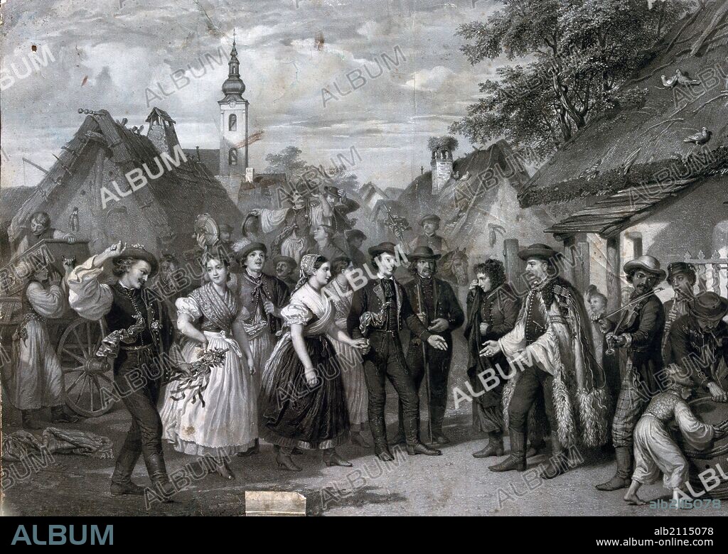 A wedding in the village, 19th century, men, women, male, female, dancing, drinking, playing the fiddle, barrel, folk dress, austrian hungarian monarchy, austria, hungary, food and drink, liszt gourmet archive, costume, rural, ethnography, flower, love, couple, bride, caucasian, europe.