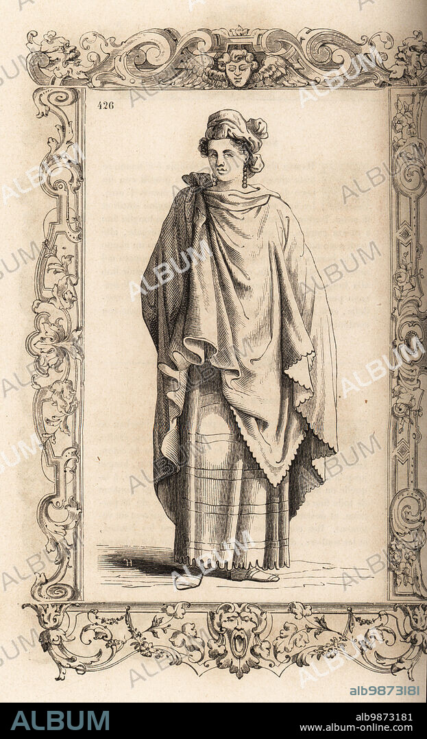 Costume of an Ethiopian virgin, 16th century. In silk cape over long robe of silk or cotton, headdress of red or blue veil, pearl earrings. Within a decorative frame engraved by H. Catenacci and Fellmann. Woodblock engraving by Gerard Seguin and E.F. Huyot after a woodcut by Christoph Krieger from Cesare Vecellios 16th century Costumes anciens et modernes, Habiti antichi et moderni di tutto il mondo, Firman Didot Ferris Fils, Paris, 1859-1860.