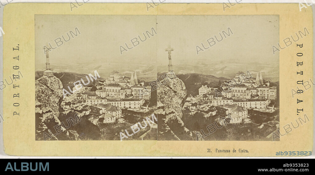 View of the palace of Sintra, Panorama de Cintra (title on object), Portugal (series title on object), anonymous, Sintra, 1868 - 1890, cardboard, paper, albumen print, height 87 mm × width 176 mm.