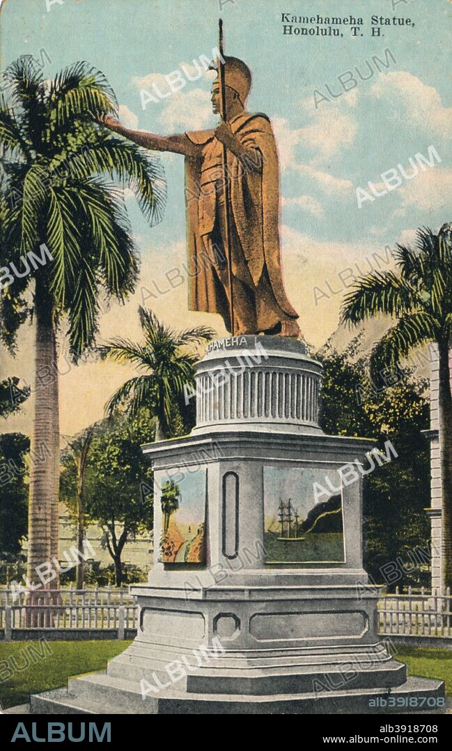 Kamehameha I (c1758-1819), also known as Kamehameha the Great, conquered the Hawaiian Islands formally establishing the Kingdom of Hawaii in 1810. The statue stands in front of Aliiolani Hale in Honolulu, Hawaii. The statue was the idea of Walter M. Gibson, a member of the Hawaiian government, who wanted to commemorate the centenary of Captain Cooks arrival on the Hawaiian Islands. From a postcard produced by The Island Curio Co., c1920.