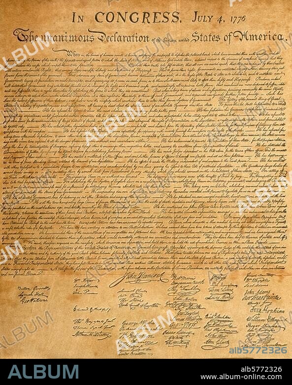 Amerikanischer Unabhängigkeitskrieg. 1775-83 / Unabhängigkeitserklärung der Vereinigten Staaten von Nordamerika am. 4. Juli 1776. Urkunde (große, offizielle Fassung) mit 57 Unterschriften, unterzeichnet am 2. August und bei späteren Gelegenheiten. Washington, National Archives.